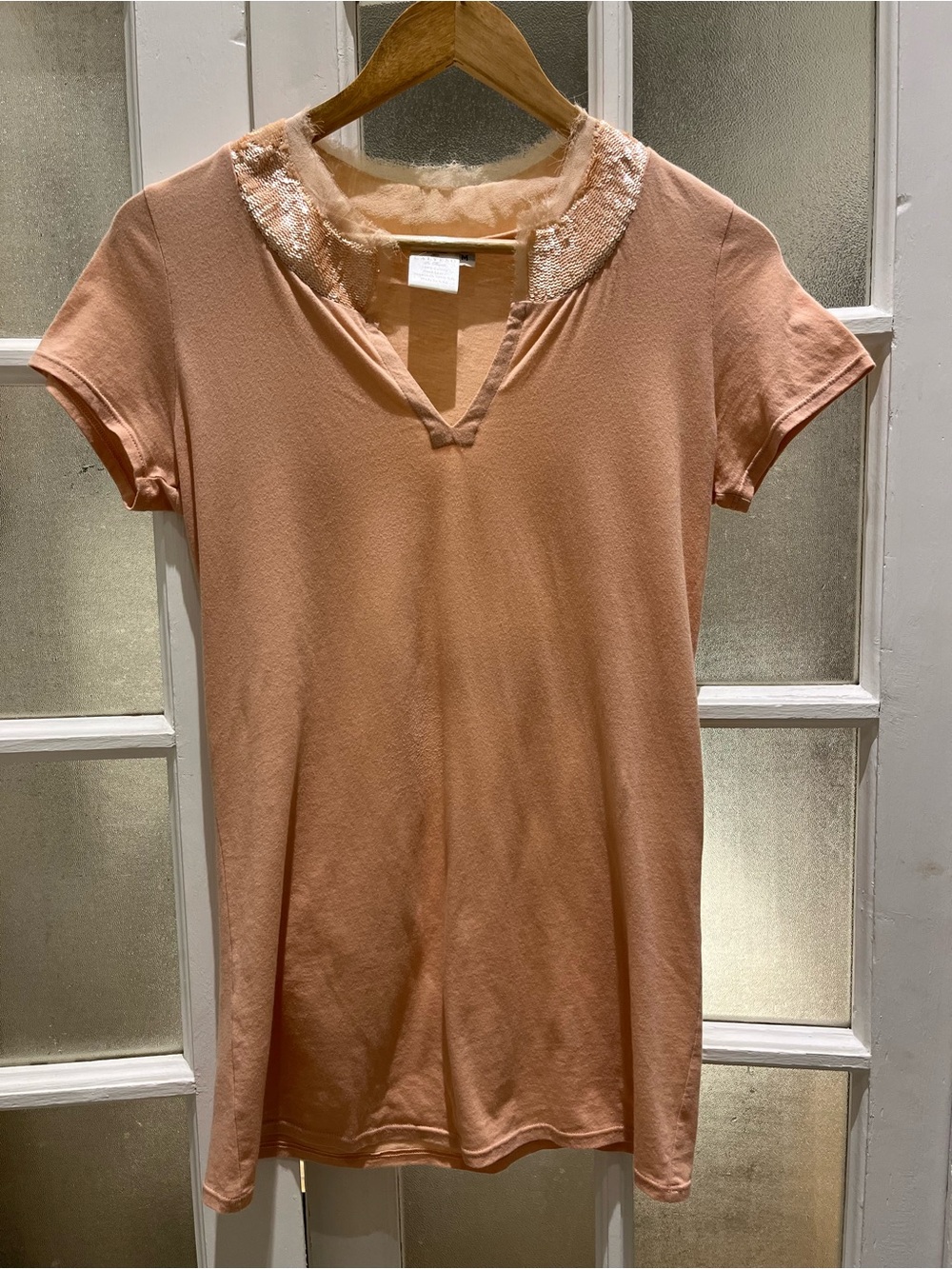 Calypso St. Barth Peach Short-Sleeve V-Neck Top with Sequin Collar
